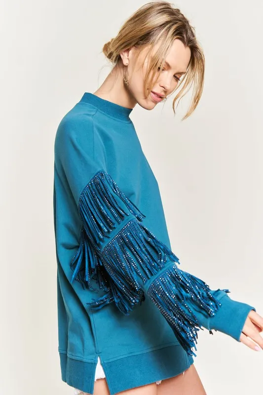 Western-Inspired Oversized Pullover with Suede Fringe and Stud Trim
