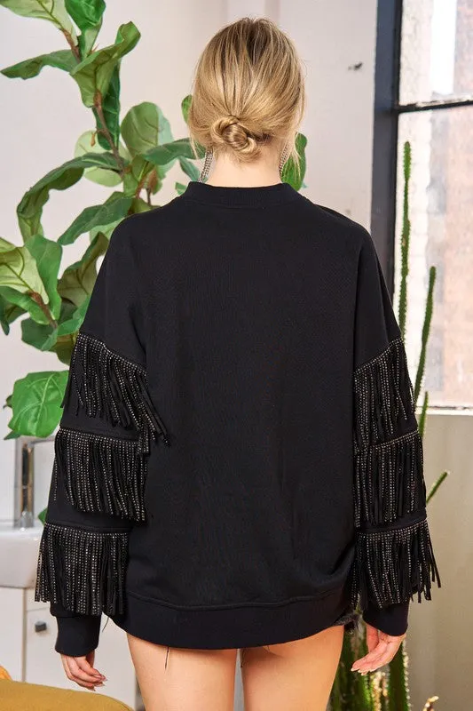 Western-Inspired Oversized Pullover with Suede Fringe and Stud Trim