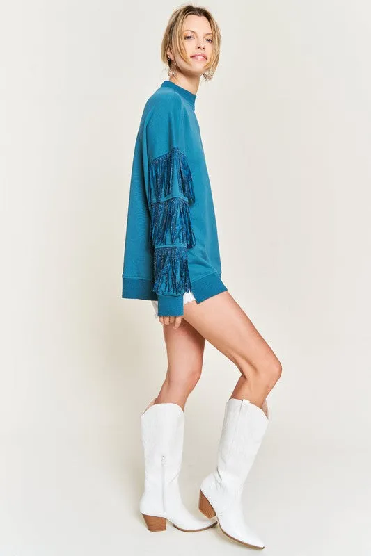 Western-Inspired Oversized Pullover with Suede Fringe and Stud Trim